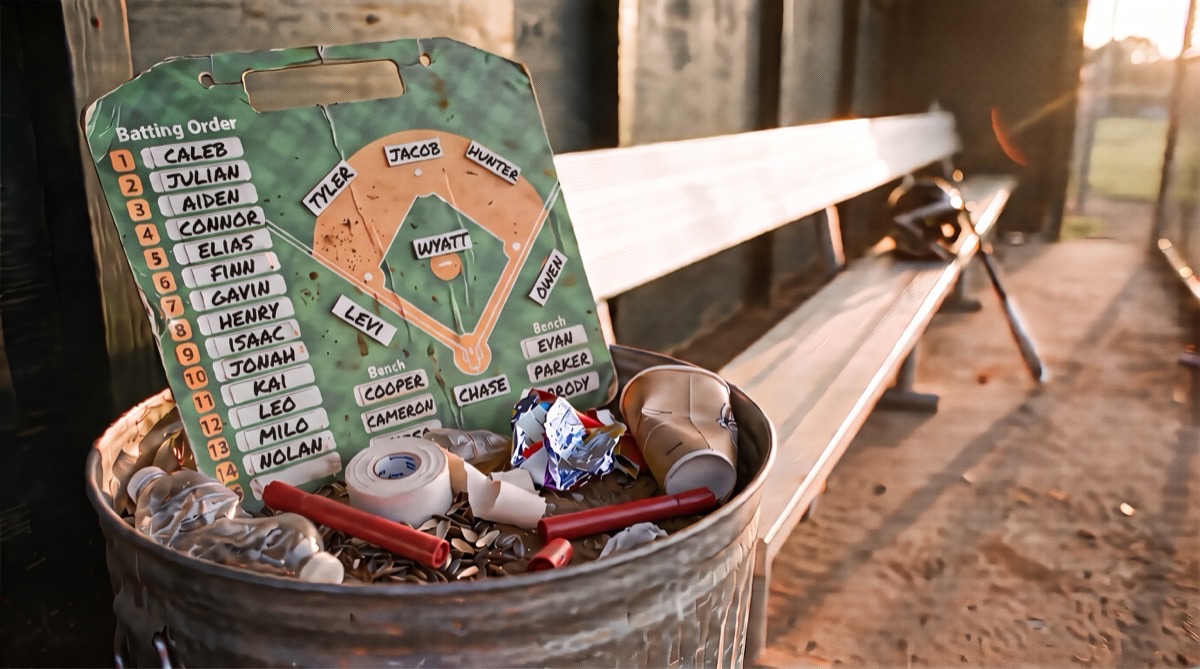 A green magnetic baseball lineup board thrown in a dugout trash can at the end of a season, among empty drink bottles, sunflower seed shells, athletic tape and candy wrappers