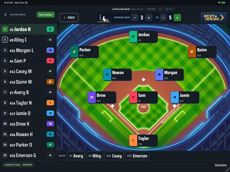 The Next Inning dugout on an iPad: the scoreboard, the batting order and every fielder on the diamond