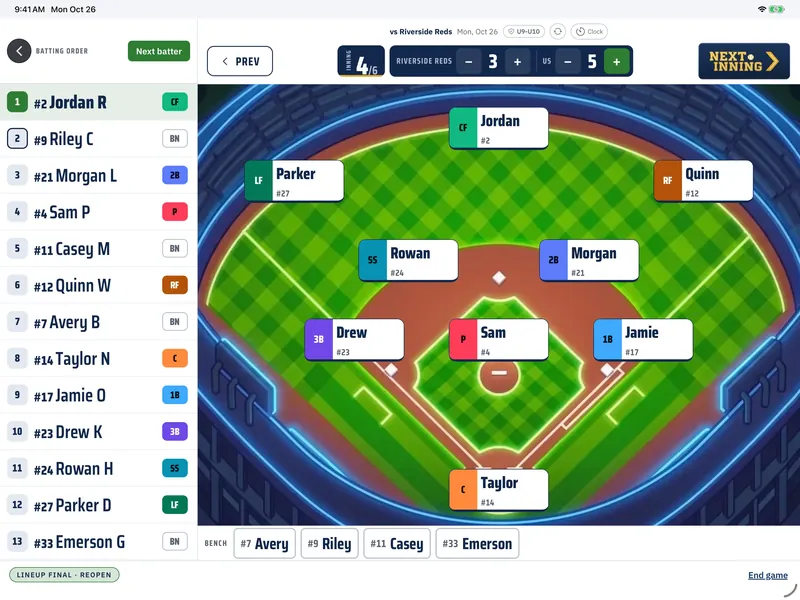 The Next Inning dugout on an iPad: the scoreboard, the batting order and every fielder on the diamond