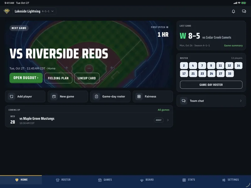 Next Inning Home on an iPad with today's game coming up