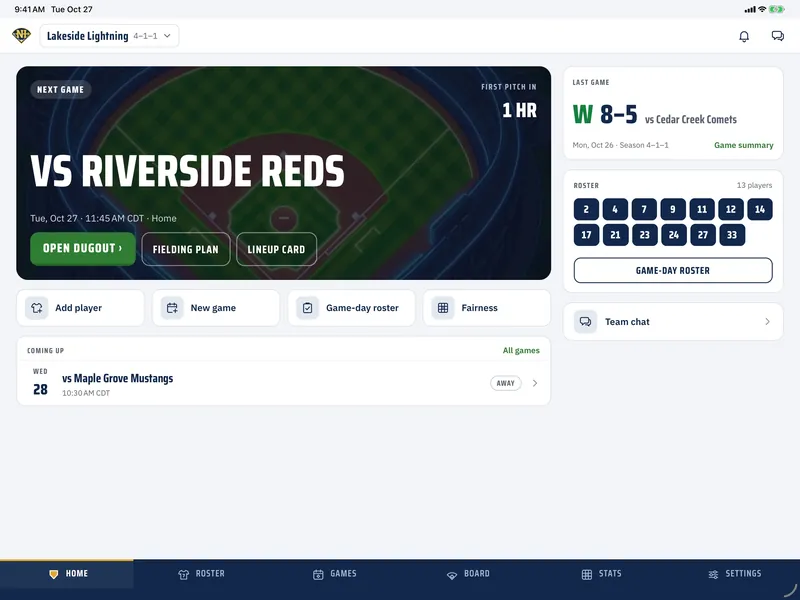 Next Inning Home on an iPad with today's game coming up