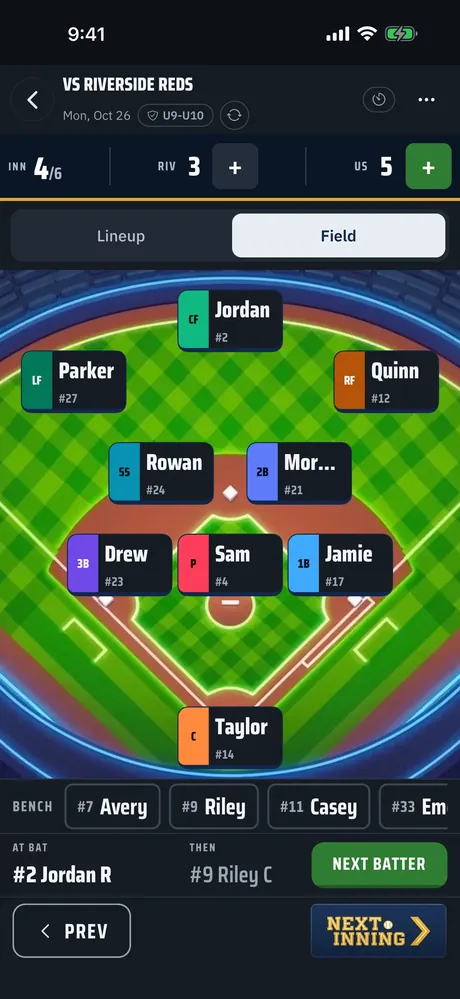 The Next Inning dugout on an iPhone