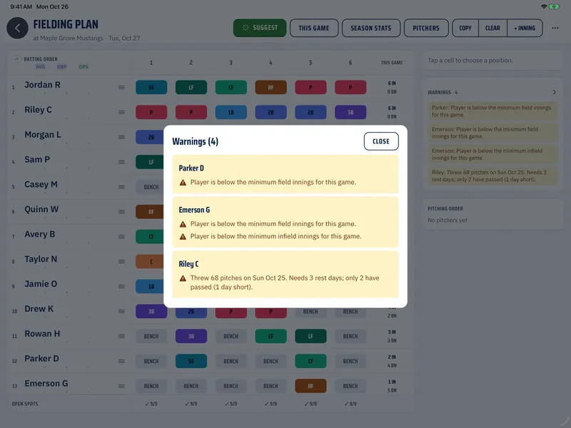 Pitch counts on an iPad: each pitcher's count and rest status for the next game