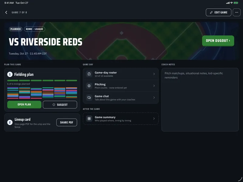 The game setup page: fielding plan, lineup card, game-day roster and pitching for today's game