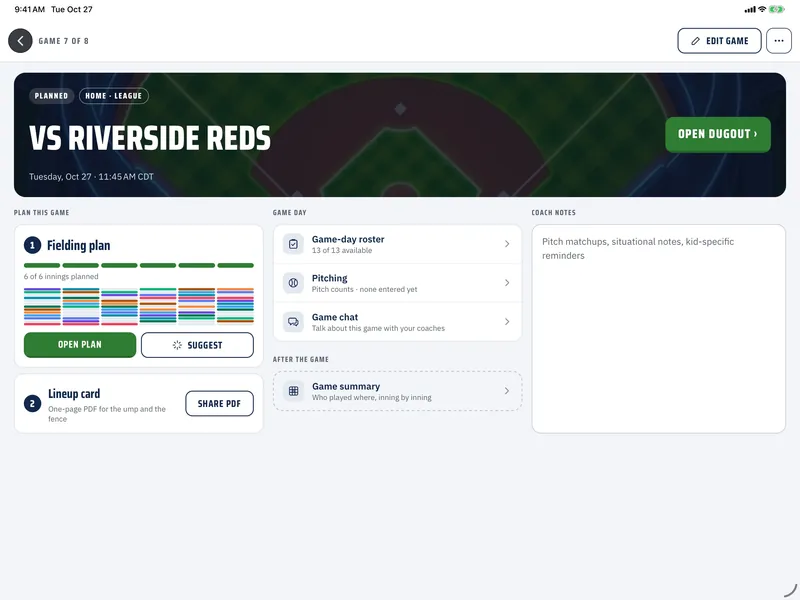 The game setup page: fielding plan, lineup card, game-day roster and pitching for today's game