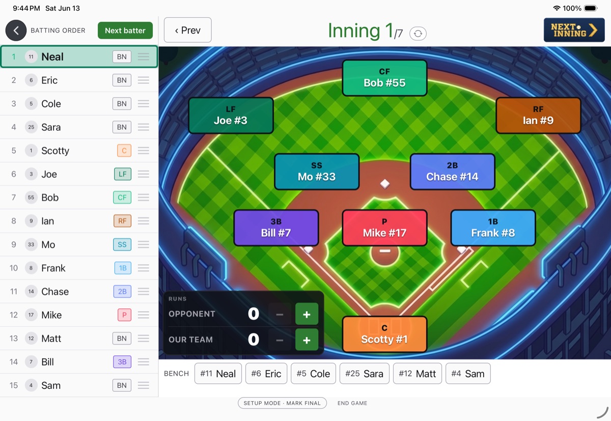 Next Inning on a tablet as a digital dugout board: the full lineup and the current inning at a glance